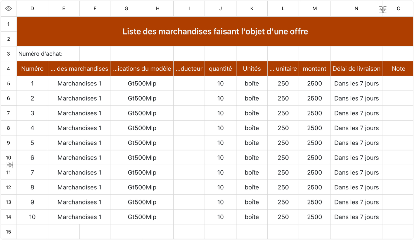 Liste des marchandises faisant l'objet d'une offre